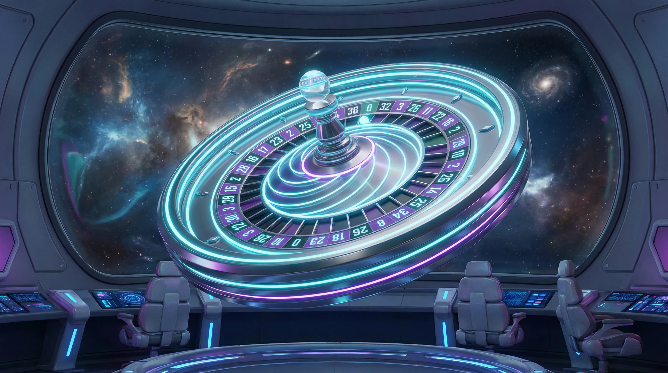 Roleta espacial com números brilhantes em estação orbital
