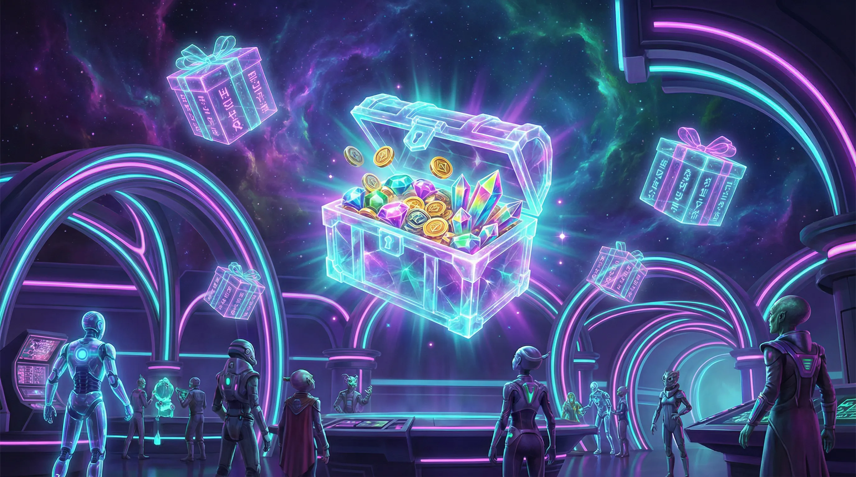 Baú de tesouro cósmico com cristais e moedas brilhantes